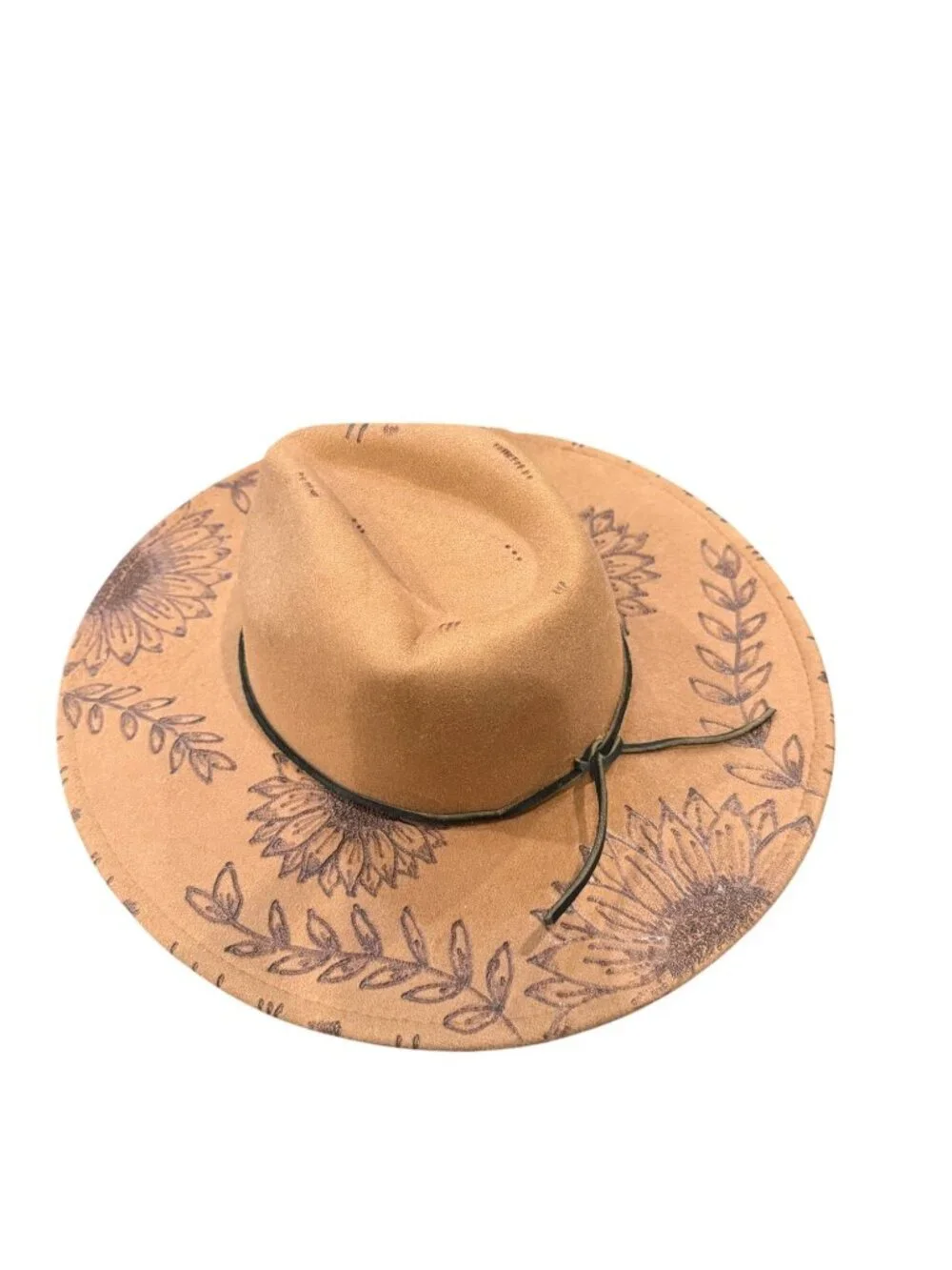 Hand Burned Sunflower Tan Wide-Brim Fedora Hat With Black Faux Leather Band EUC